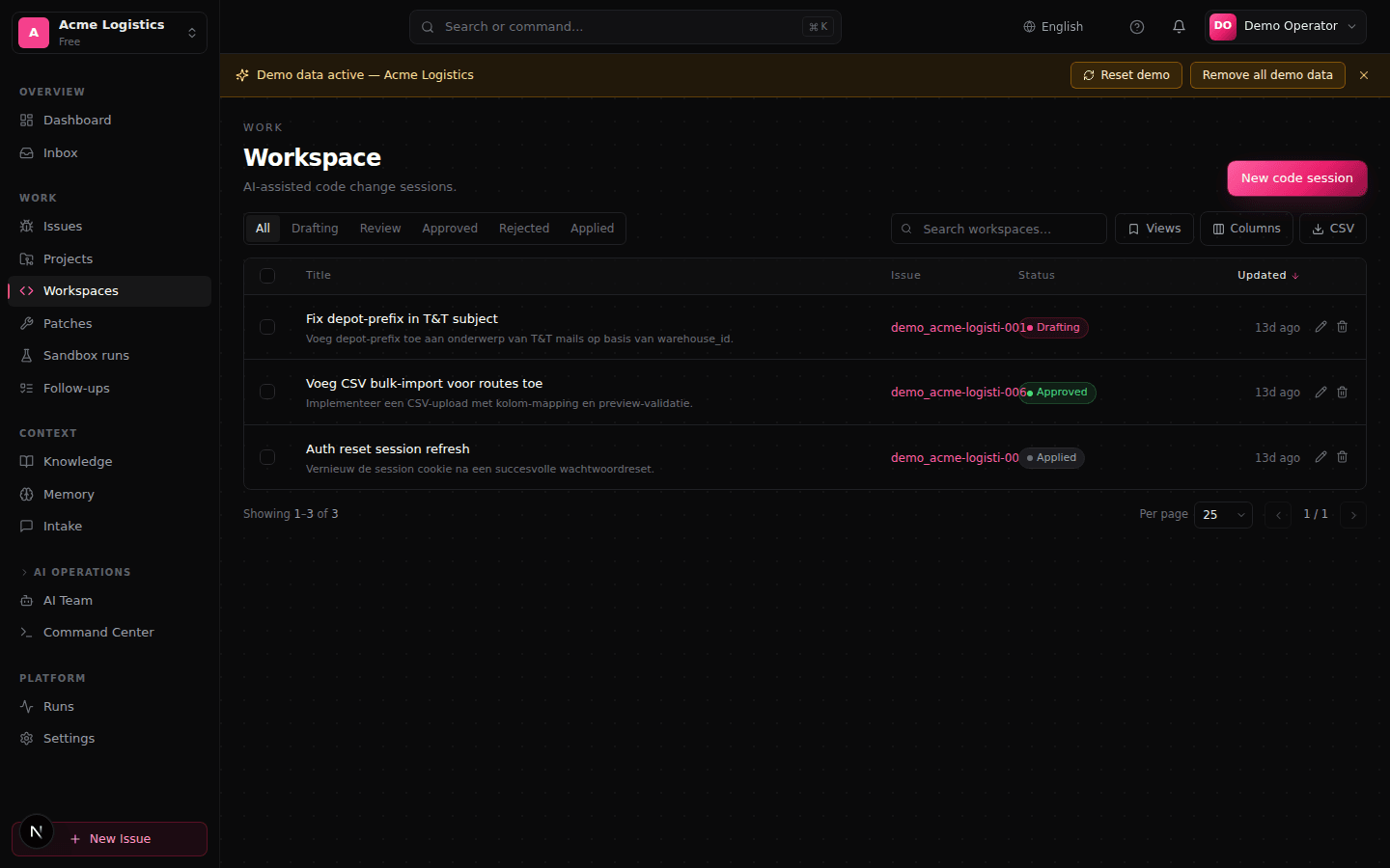 Patch review workspace with diff, reasoning and approval actions